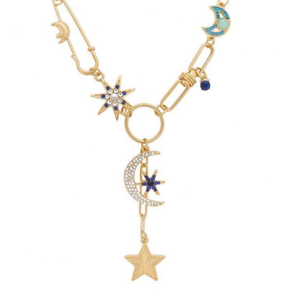 Star moon celestial necklace gold chain rhinestone